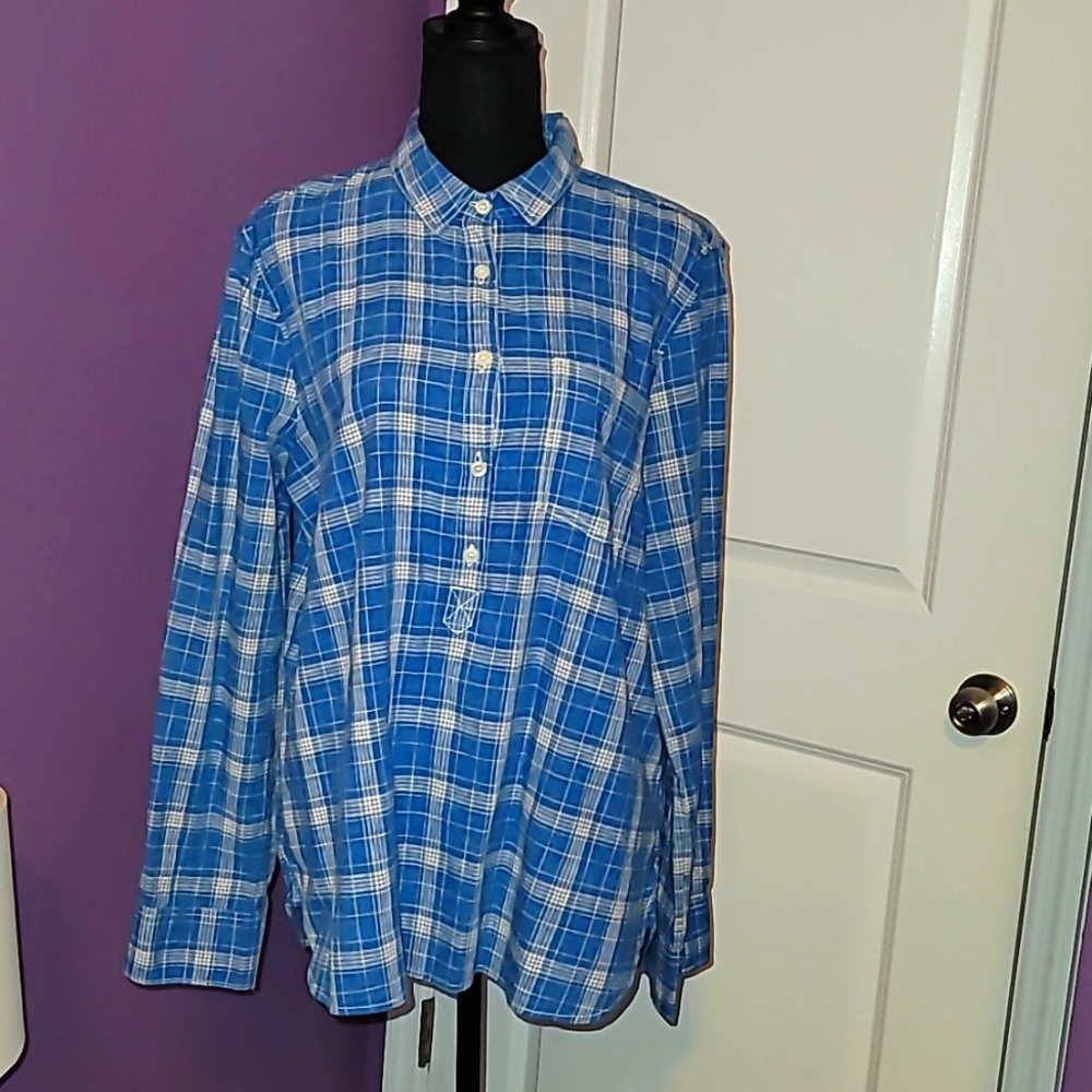 J Crew Women's Boy Fit Multi Plaid half button down L/S shirt Sz: Large